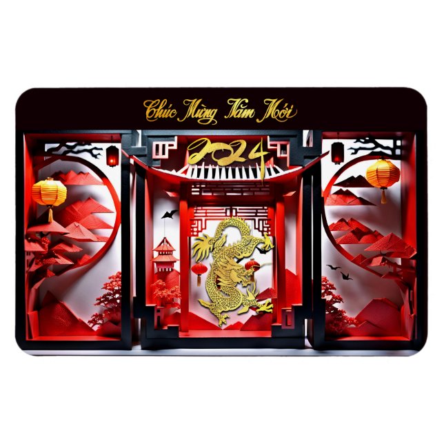 Vietnamesisk dragon, nyår 2024, Origami FlexM Magnet (Horisontell)