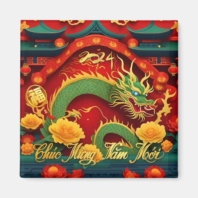 Vietnamesisk Grönt Dragon, nyår 2024 SqM1 Magnet (Framsidan)
