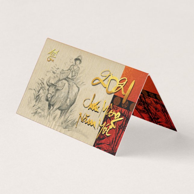 Vietnamesisk nyårslösning Têt OX och Child 2021 pa Kort (Framsida)