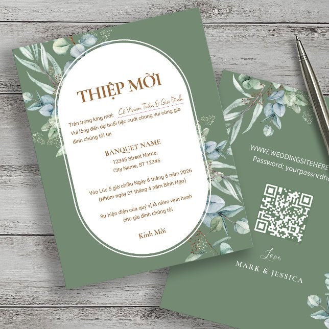 Vietnamesiskt Eucalyptus-bröllop Thiệp Mời med QR- (Skapare uppladdad)