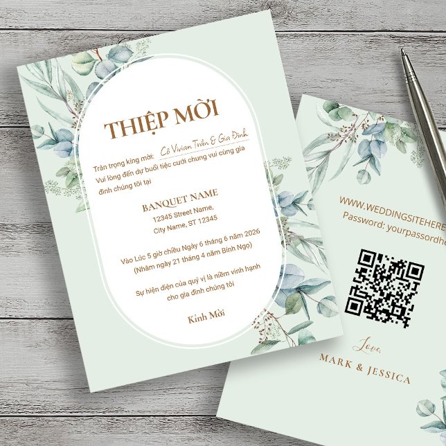 Vietnamesiskt Eukalyptusbröllop Thiệp Mời med QR-k (Skapare uppladdad)