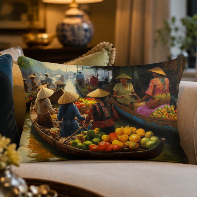 Vietnams flytande marknad accentkudde prydnadskudde (Vietnamese Floating Market Oil Painting | Affordable Wall Art | Tropical Boat Southeast Asia Art | D)