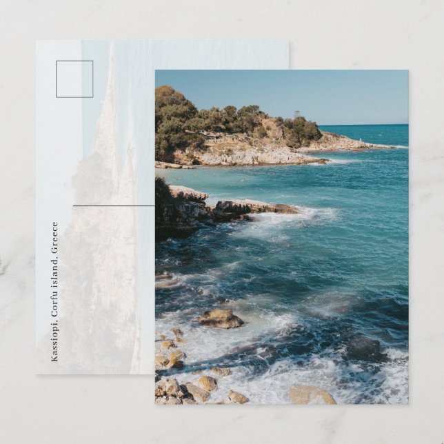 View at Kassiopi village coast, Corfu Vykort (Fram/baksida)