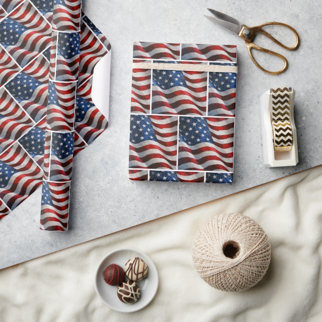 Viftande amerikansk flagga i impasto-målarteknik presentpapper (Hantverk)