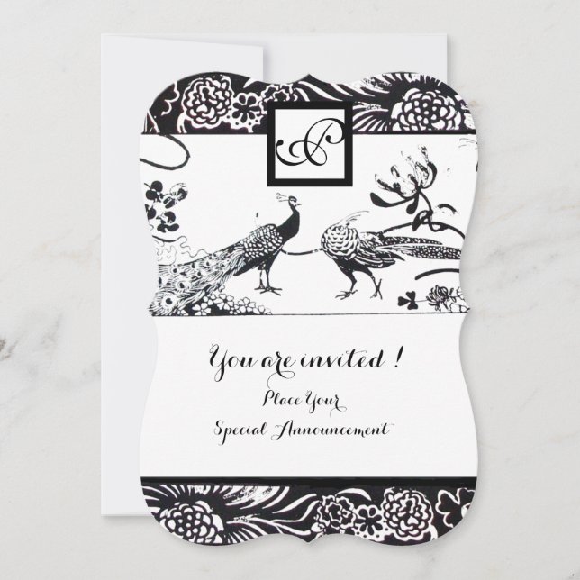 VIGLOPP KÄRLEK FÅGLAR Fyrkantig MONOGRAM Svart,Vit Inbjudningar (Framsida)