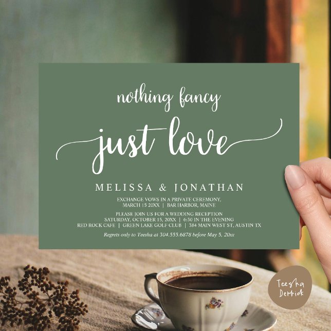 Vigsel i det tysta, ingenting fancy bara kärleksmi inbjudningar (Wedding Elopement, Nothing Fancy Just Love Dinner Invitation Card, PDF, Rustic Cottage Sage Greenery)