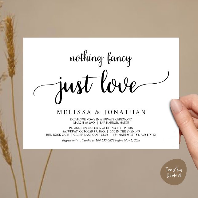 Vigsel i det tysta, ingenting fancy bara kärleksmi inbjudningar (Wedding Elopement, Nothing Fancy Just Love Dinner Invitation Card, PDF, Rustic Cottage White Black)
