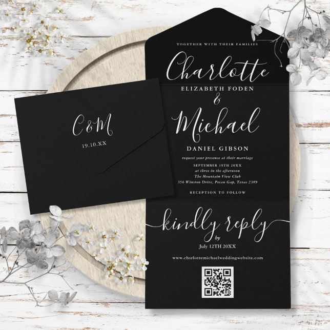 Vigselmanus Svart Och Vitt QR-kod Bröllop  (Signature Script Black And White QR Code Wedding All In One Invitation)
