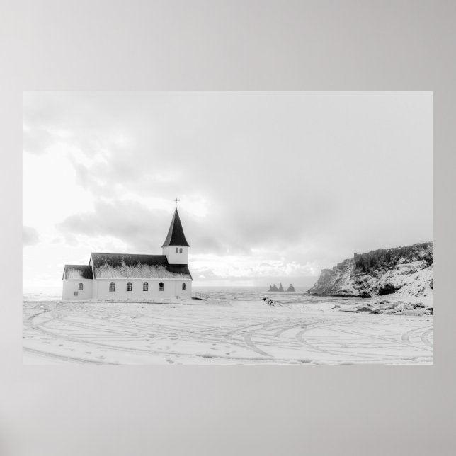 Vík i Myrdal Church Black and White Poster (Framsidan)