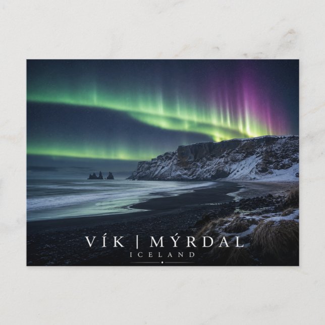 Vík í Mýrdal Havsstackar Island Aurora Vykort (Framsida)