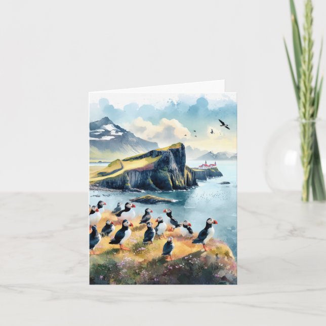 Vik Island Puffins Watercolor Kort (Framsida)