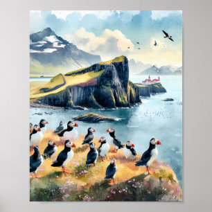Vik Island Puffins Watercolor Poster