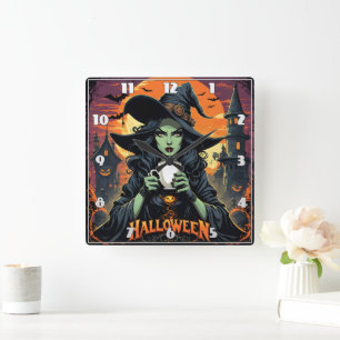 Vik med grönt-sippte på Halloween Fyrkantig Klocka