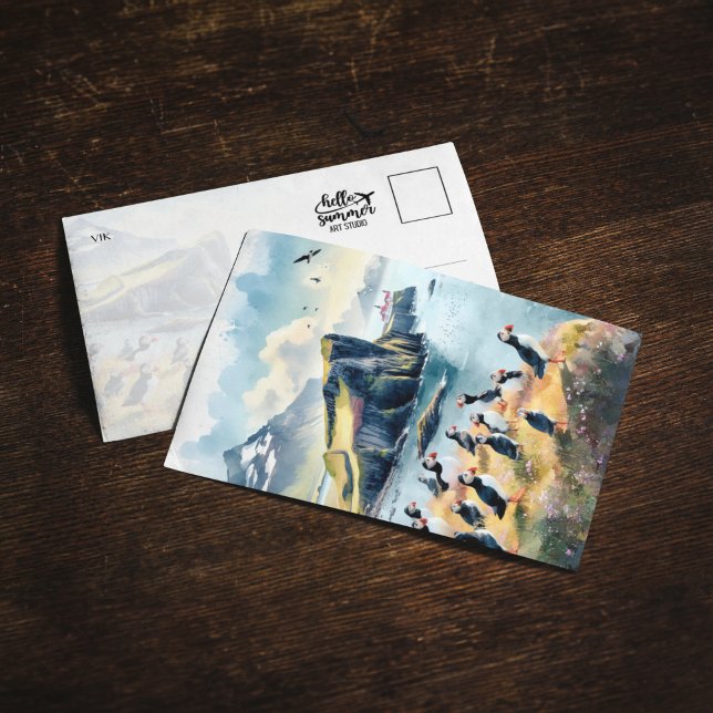 Vik Puffins Island Watercolor Postcard Inbjudningar (Skapare uppladdad)