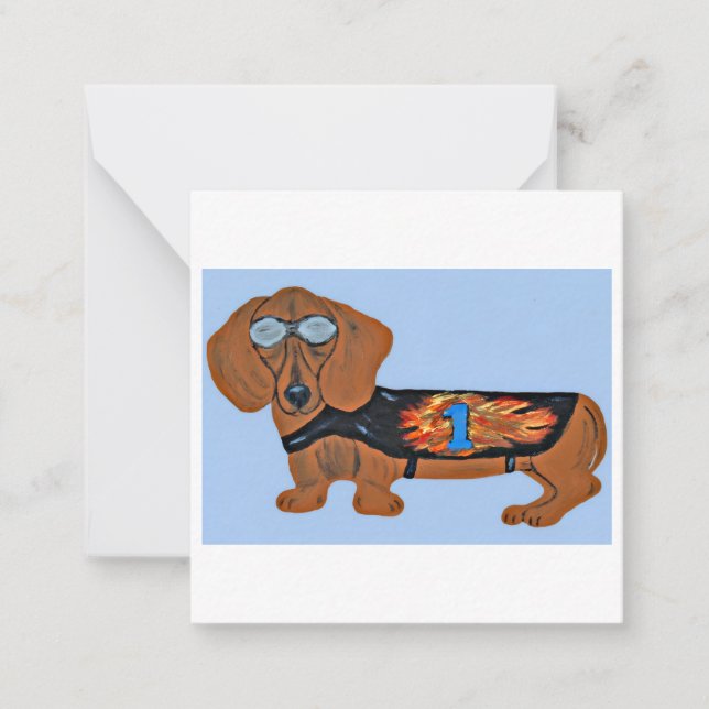 Vikad brevkort med dachshund i tävlingsjacka anteckningskort (Framsida)