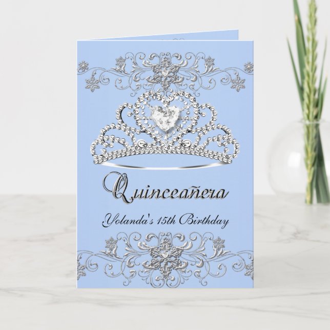 Vikad Quinceanera Blå Glittertiara Foto Inbjudan (Framsida)