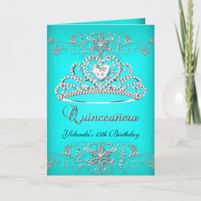 Vikbar Quinceanera-Aquamarinfärgad Teal Glitter Ti Inbjudan (Framsida)