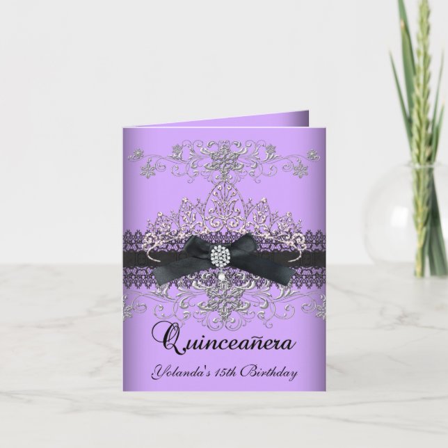 Vikbar Quinceanera lila glittertiara Inbjudan (Framsida)