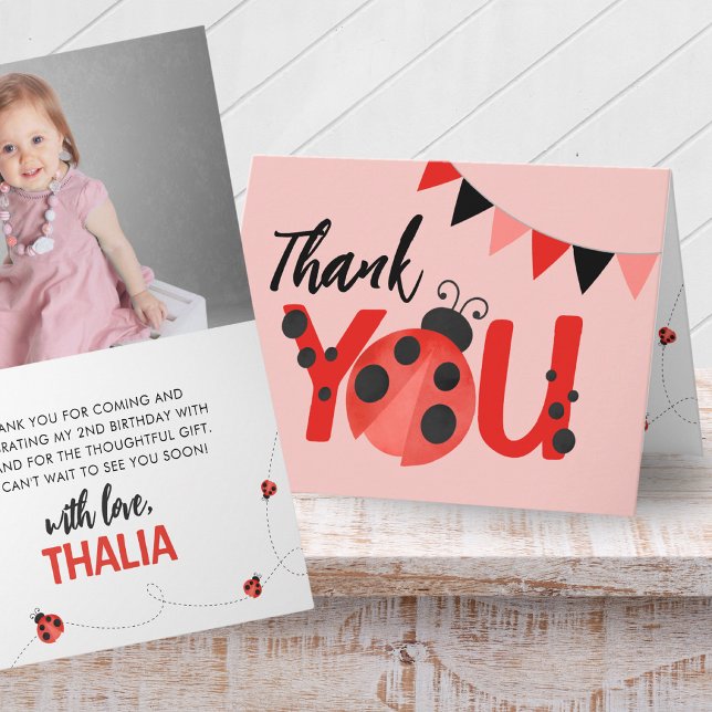 Vikbar Rosa Nyckelpiga Foto Tack Kort (Sweet Watercolor Ladybug Folding Thank You Cards in Light Salmon Pink. Personalized Inside.)