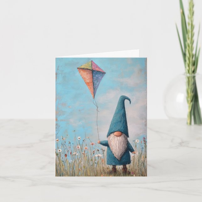 Vikbart gratulationskort-Gnome Flyger Drake Kort (Framsida)