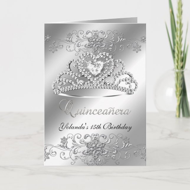 Vikbart kort Quinceanera silver Glitter Tiara (Framsida)