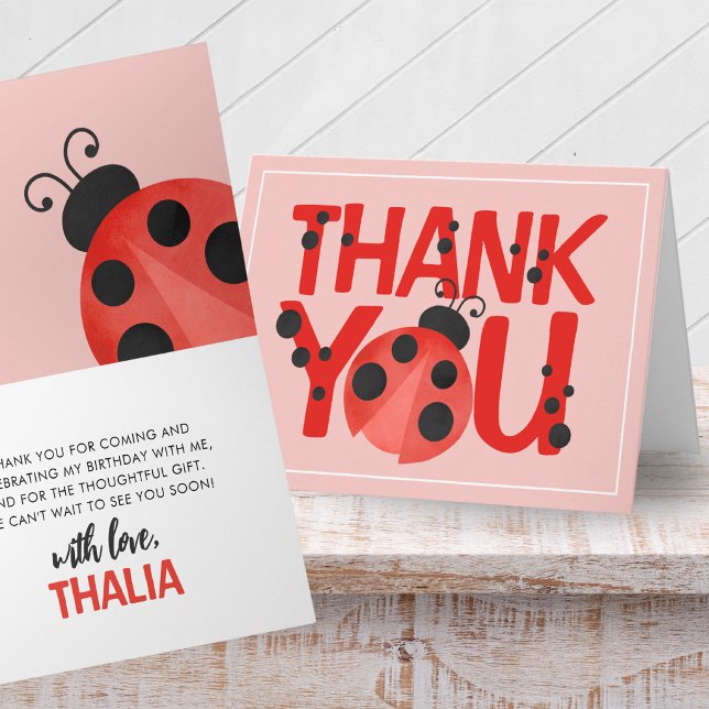 Vikbart Vattensfärsdott nyckelpigor tackkort i ros (Sweet Watercolor Ladybug Folding Thank You Cards in Light Salmon Pink. Personalized Inside.)