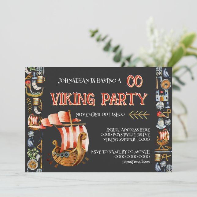 Viking Birthday Invitation Boys 1–7 Navy blue red Inbjudningar (Stående Fram)