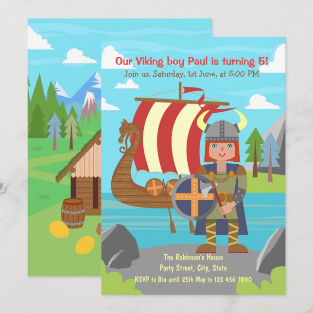 Viking Boy som pockar framför Viking frakt Party Inbjudningar (Fram/baksida)