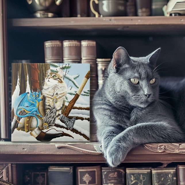 Viking Cat Blue Dragon Kakelplatta (Skapare uppladdad)
