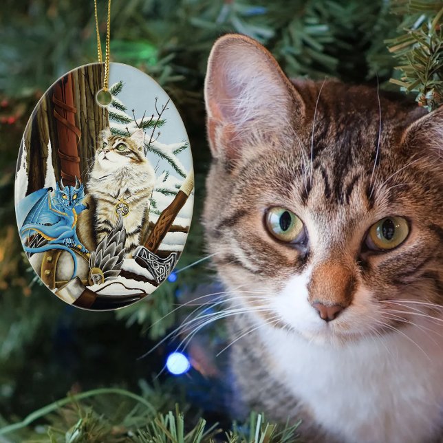 Viking Cat och Blue Dragon Julgransprydnad Keramik (Skapare uppladdad)