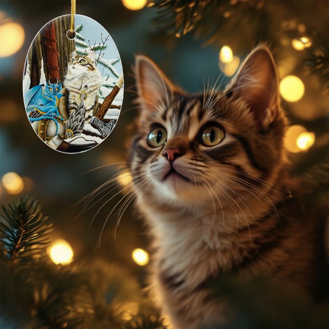 Viking Cat och Blue Dragon Julgransprydnad Keramik (Skapare uppladdad)