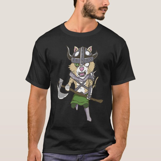 Viking Cat Valhalla Warrior T Shirt (Framsida)