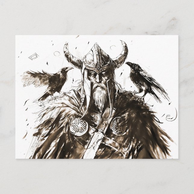 Viking Deity Sketch Pen Drawing of Norse God Odin Vykort (Framsida)