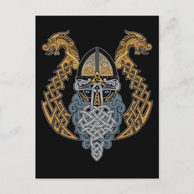 Viking Dragon Valknut Helmet Valhalla Gud Odin Vykort (Framsida)