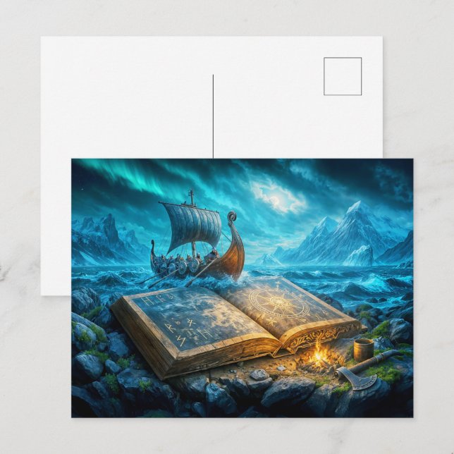 Viking frakt seglar från det gamla bok helg vykort (Fram/baksida)