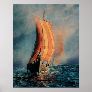 Viking frakt som seglar på sjön/oceanen i dimma, i poster