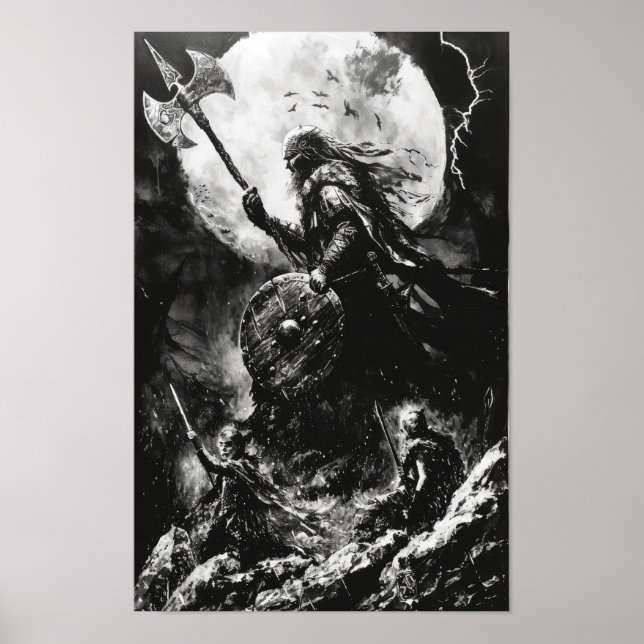 Viking Fury Black and White Acrylic Illustration P Poster (Framsidan)