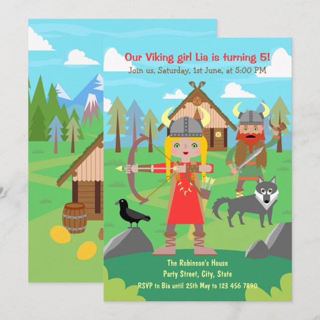Viking Girl Födelsedagsfest Inbjudningar (Fram/baksida)
