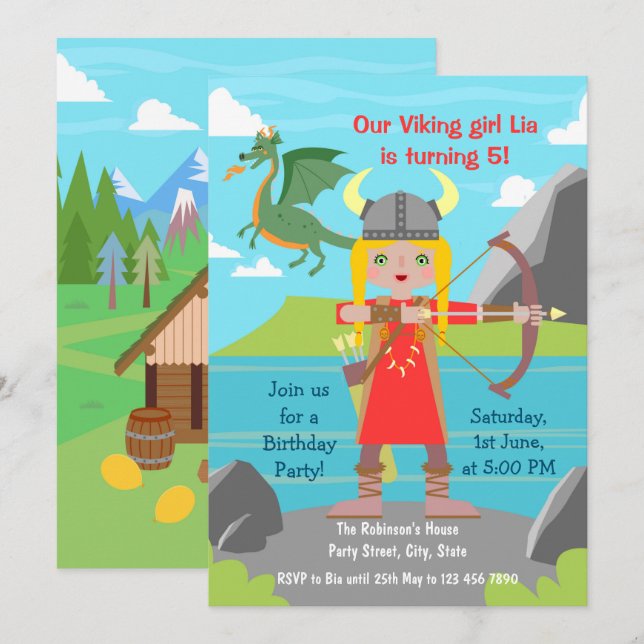 Viking Girl med Dron Födelsedagsfest Inbjudningar (Fram/baksida)