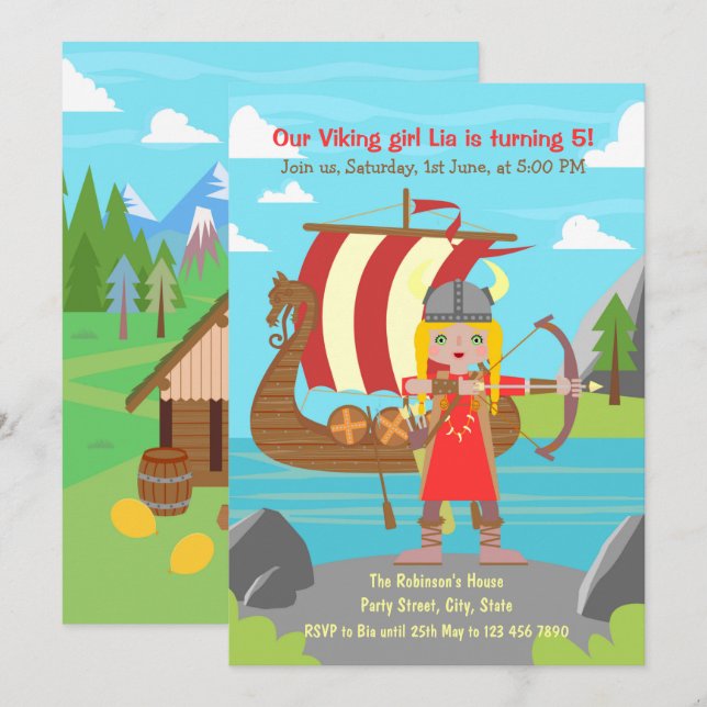 Viking Girl som pockar framför Viking frakt Party Inbjudningar (Fram/baksida)