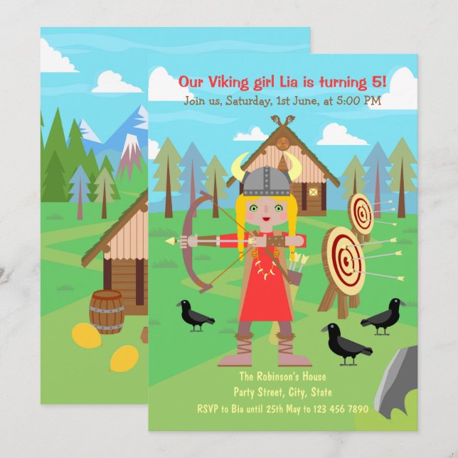 Viking Girl som tränar båge och pil Party Inbjudningar (Fram/baksida)