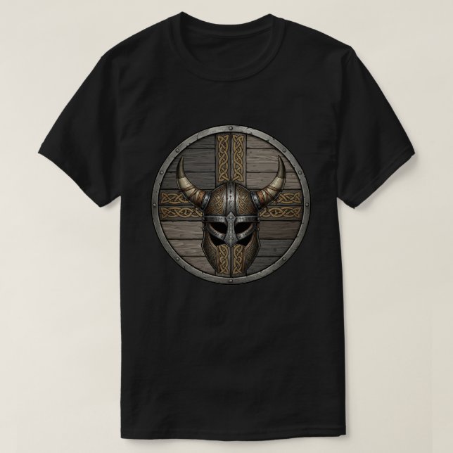 Viking Hjälm med Horn Sköld  T Shirt (Design framsida)