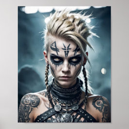 Viking krigarkvinna med run tatuering och krigstec poster