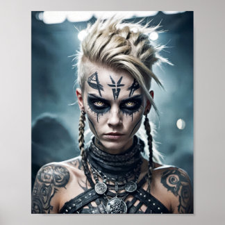 Viking krigarkvinna med run tatuering och krigstec poster