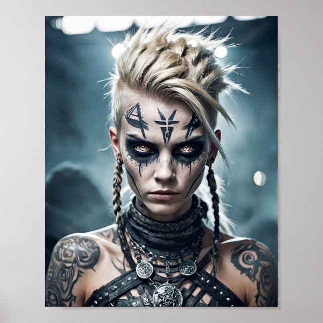 Viking krigarkvinna med run tatuering och krigstec poster (Framsidan)