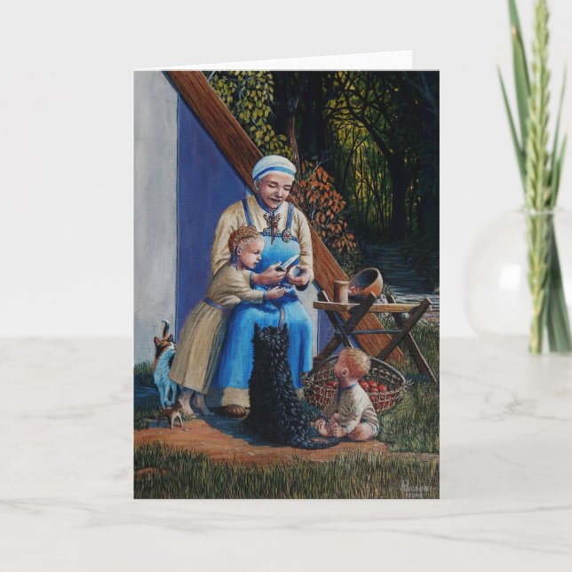 Viking kvinna/mor/barn -- Scottie hund, katt 2 Tack Kort (Framsida)