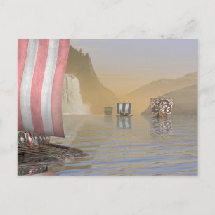 Viking Longships i en norsk fjord Vykort