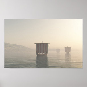 Viking Longships in Mist Poster