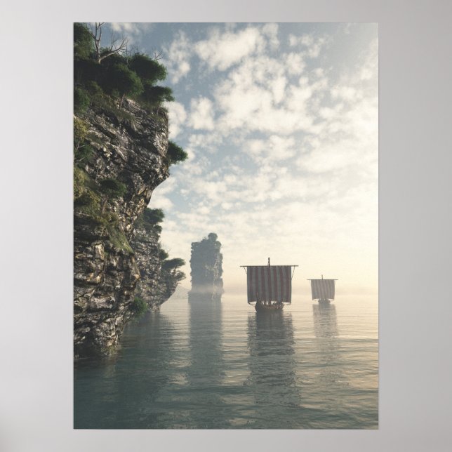 Viking Longships in Unknown Vatten Poster (Framsidan)