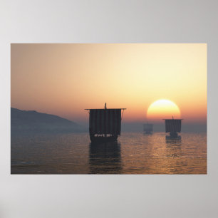 Viking Longships vid Sunset Poster